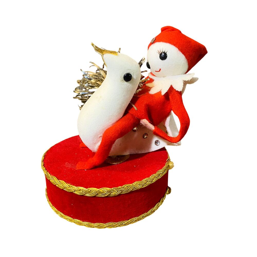 Vintage Mid-Century Musical Flocked Elf Riding a Dove Christmas Decor
